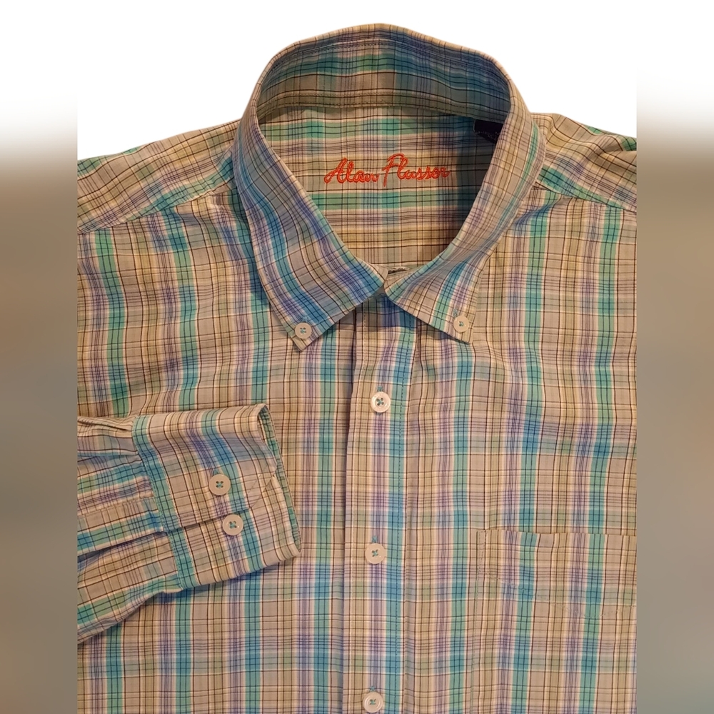 Alan Flusser Shirt Mens Medium Blue Plaid Button Down Classic Business Casual